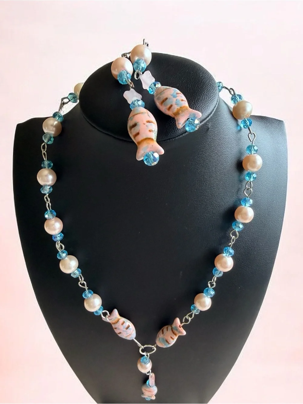 Handcrafted Blue Pearl & Glass Bead Necklace and Earrings Set